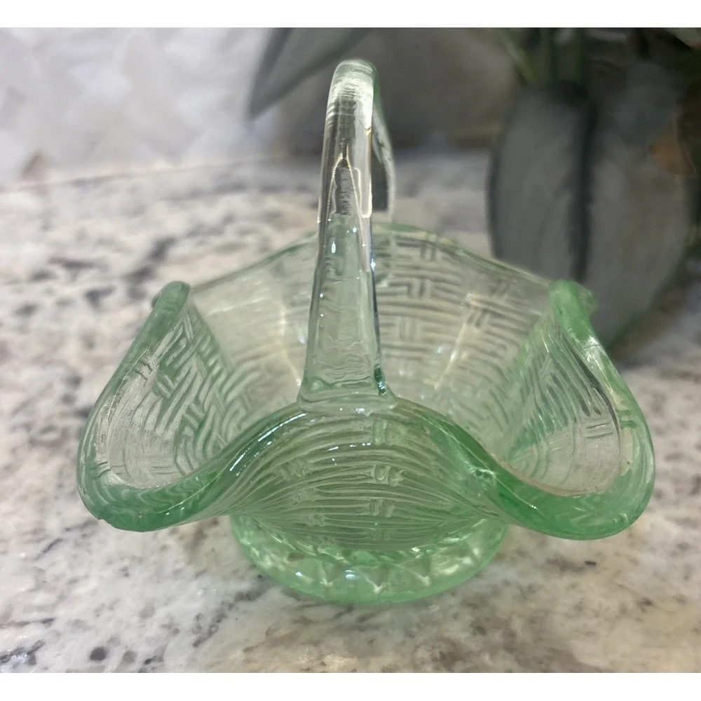 Vintage Green Glass Mini Basket Candy Dish No Chips